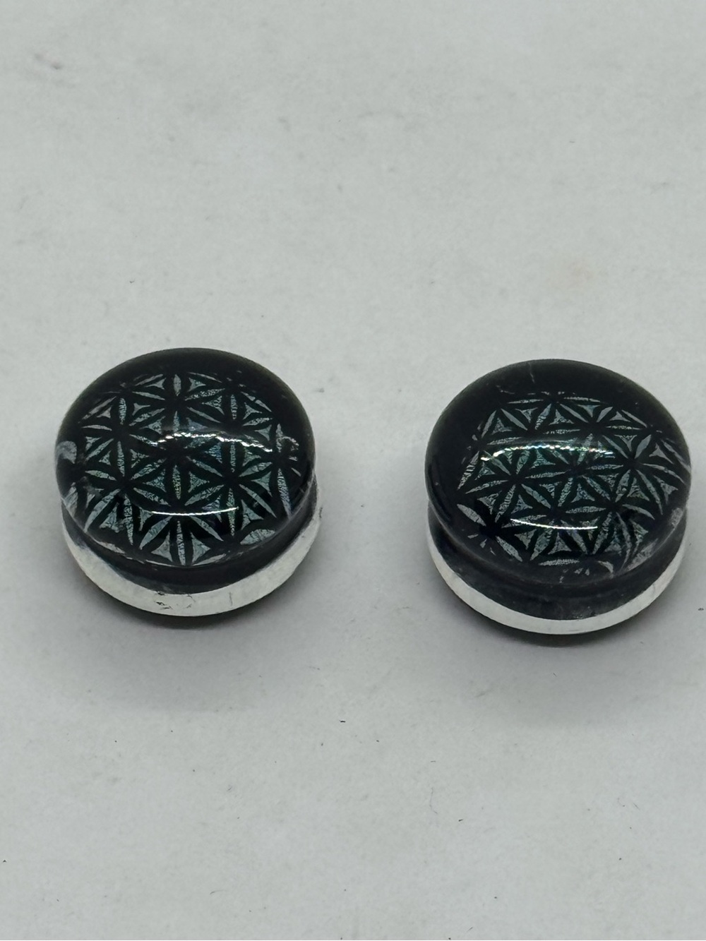 Artisan Black Glass Flower of Life Saddle Plugs Pair 3/4”